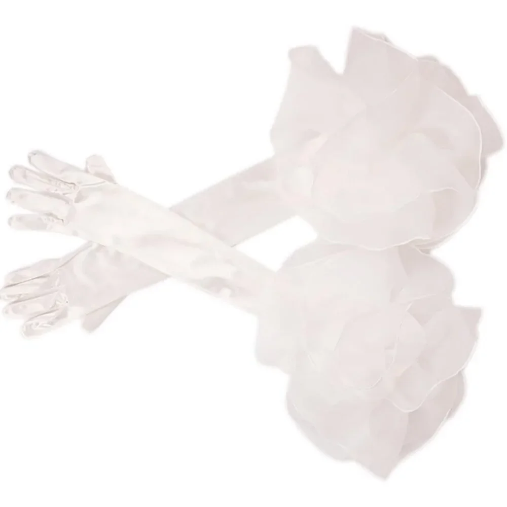 Women's Velvet White 50cm Satin Tulle  Puff Long Gloves Banquet Wedding Party